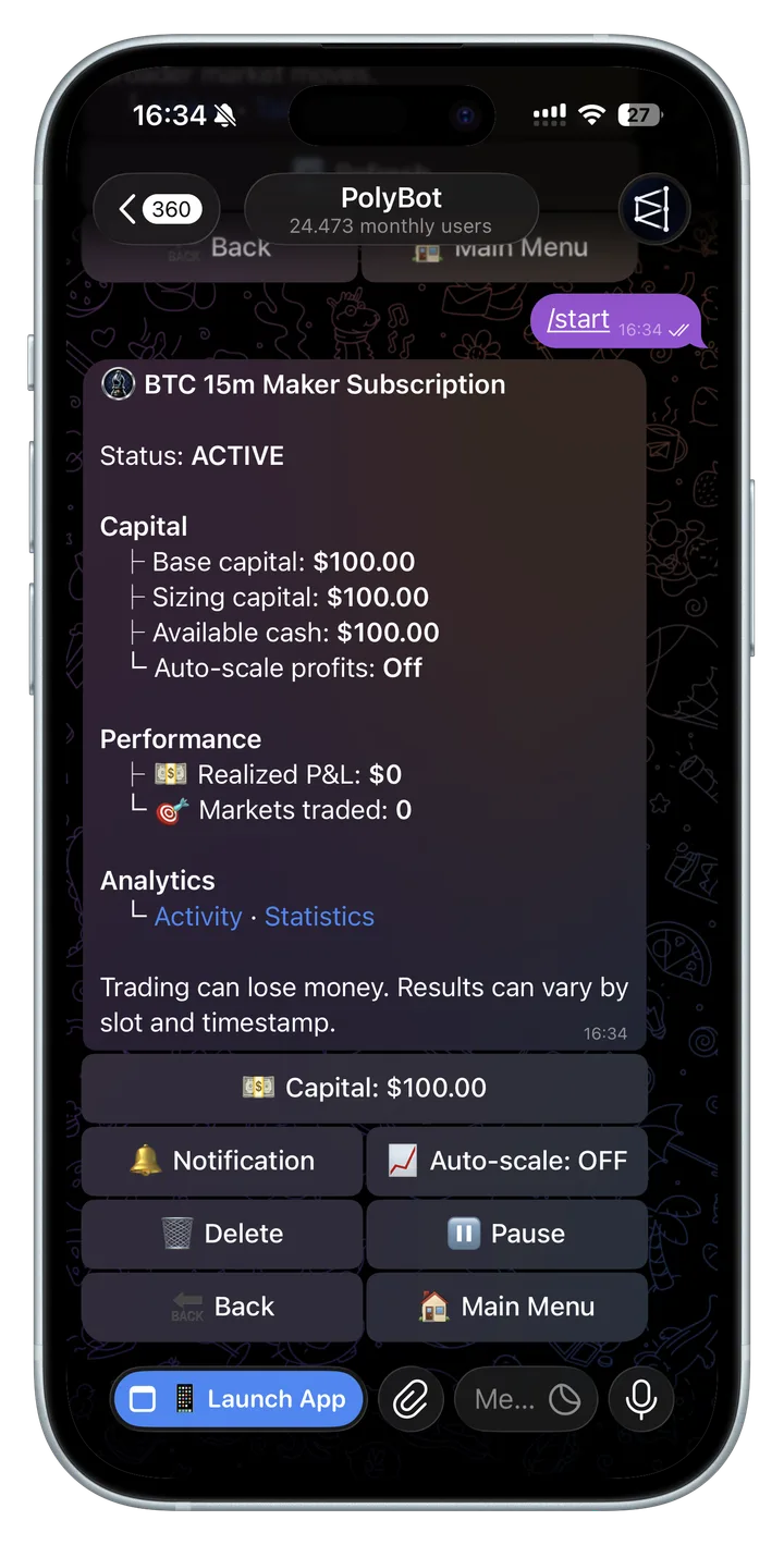 Manage capital, notifications, auto-scale, pause, or delete.